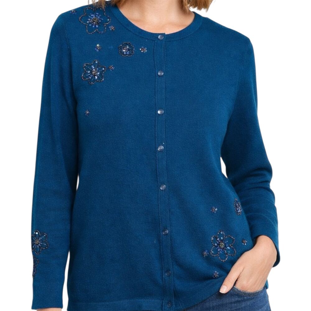 Pendleton Cardigan Silk Cashmere Blend Sequin Floral Embellished Teal Medium